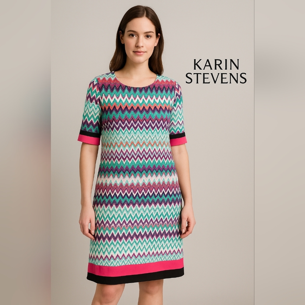 Karin Steven's Multicolred Sheath Dress Size 6 PTP:19"-25" Length:36.5"